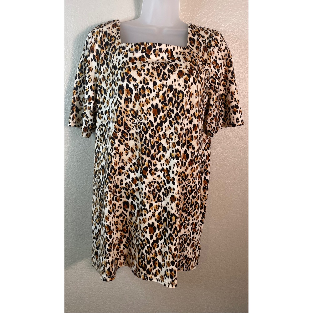 Chicos 2 US Large Top Brown Leopard Square Neck Short Sleeve Cotton Preppy